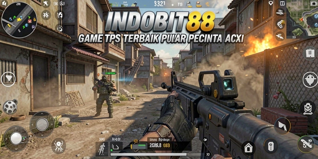 Tangkapan layar gameplay INDOBIT88 menampilkan aksi tembak-menembak yang intens.