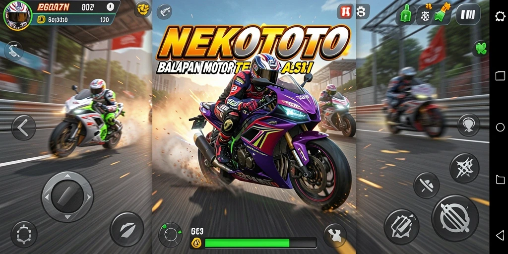 Tampilan gameplay seru di NEKOTOTO saat balapan motor.